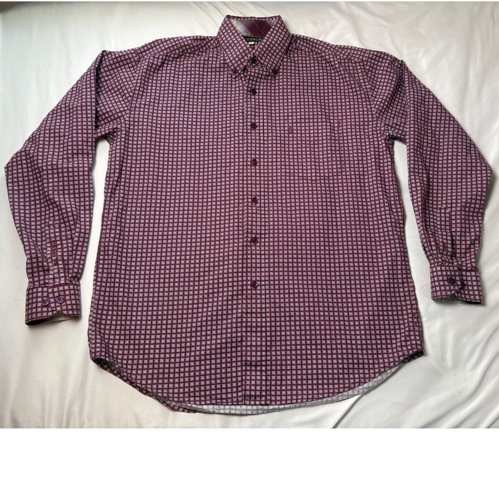 Stetson Button Down Shirt Mens Medium Burgundy Geometric Print Excellent Cotton